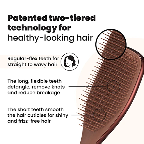 Image 2 - A close-up of a brown hairbrush with two lengths of bristles is shown next to text that reads Patented two-tiered technology for healthy-looking hair, Regular-flex teeth for straight to wavy hair, The long, flexible teeth detangle, remove knots and reduce breakage, and The short teeth smooth the hair cuticles for shiny and frizz-free hair. Image 3 - A woman with dark hair is shown from the chest up, smiling slightly as she brushes her hair with a rose gold hairbrush, with the text Regular-flex teeth for straight to wavy hair. Image 4 - A rose gold Tangle Teezer hairbrush is shown with five bullet points describing its benefits, which include Less breakage for smooth & healthy looking hair, Quick & effortless detangling, Ideal for wet or dry hair, Smooths frizz & flyaways, and Brush through treatments, each accompanied by a line-art icon. Image 6 - A split image shows blonde hair from behind, with the left side labeled BEFORE showing tangled hair and the right side labeled AFTER showing smoother hair, alongside text that reads 75% experienced no tugging, pulling or pain when brushing*, 80% agree that they have fewer knots and tangles*, and *120 UK respondents aged 16-40 after 2 weeks (2017). Image 7 - An image comparing three hairbrush sizes: Mini, Regular, and Large, with dimensions and recommended hair types; the Mini brush, 15.5cm by 5.3cm, is for Fine and Straight - Wavy hair; the Regular brown brush, 21.1cm by 6.6cm, is labeled For daily detangling and suits Fine, Straight - Wavy, and Curly - Coily hair; the Large brush, 23.6cm by 7.9cm, is for Fine, Straight - Wavy, Thick & Long, and Curly - Coily hair.