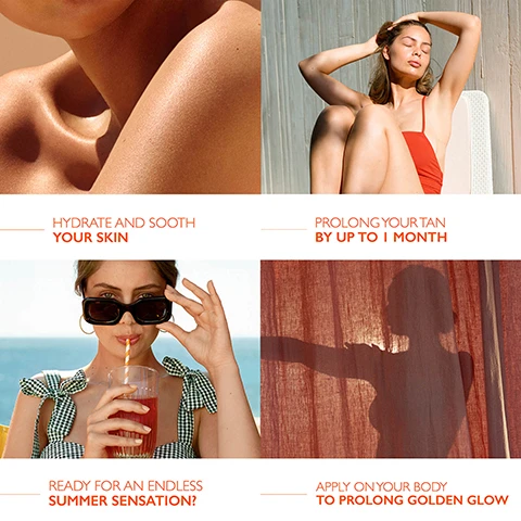 Image 1 - A collage of four images featuring a close-up of a womans shoulder and neck, a woman in a red swimsuit sunbathing, a woman in sunglasses drinking from a straw, and a shadow of a person behind a curtain, with text that reads: hydrate and soothe your skin, prolong your tan by up to 1 month, ready for an endless summer sensation?, apply on your body to prolong golden glow.
Image 2 - An orange line drawing of a leaf inside a circular outline, with the text 86.6% NATURAL ORIGIN INGREDIENTS below it.
Image 3 - Four Lancaster sun care products are displayed: a tube of Sun Beauty Sublime Tan with 30 SPF, a spray bottle labeled Sun Beauty with 30 SPF, a pump bottle for Golden Tan Maximizer, and a bottle of Golden Tan Maximizer. The visible text reads DISCOVER THE BEAUTY RITUAL FOR SUBLIME TAN and *ALL PRODUCTS SOLD SEPARATELY.