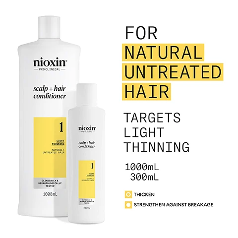 Image 2 - Two white Nioxin Pro Clinical Scalp + Hair Conditioner bottles, one 1000mL and one 300mL, are shown with product details reading Nioxin Pro Clinical Scalp + Hair Conditioner 1 Light Thinning Natural / Untreated Hair Clinically & Dermatologically Tested, and additional text describes the product as For Natural Untreated Hair, Targets Light Thinning, 1000mL, 300mL, Thicken, and Strengthen Against Breakage. Image 3 - An image displays three white Nioxin hair product bottles on a yellow background, including a pump bottle labeled Nioxin PRO CLINICAL scalp + hair treatment, a shampoo bottle labeled Nioxin PRO CLINICAL scalp + hair shampoo 1 LIGHT THINNING NATURALLY UNTREATED HAIR, and a conditioner bottle labeled Nioxin PRO CLINICAL scalp + hair conditioner 1 LIGHT THINNING NATURALLY UNTREATED HAIR, with additional text that says Use System Kit 1 to see RESULTS IN JUST 30 DAYS* and *Results with everyday use. Based on a survey among 230 U.S. panelists concerned about thinning hair who tried the systems (each tested 1 system kit), conducted by SIRS, 2016. Image 4 - A smiling man with thick dark hair is shown in profile on the right, next to a list of text that reads For Thicker, Fuller Hair, Thickens & Strengthens Light Thinning Hair, Hydrates Scalp and Hair From Root to Tip, Formulated With Powerful Niacinamide & Biotin, and Clinically & Dermatologically Tested. Image 5 - A person holds a white Nioxin Pro Clinical scalp + hair conditioner bottle under running water, displaying text Nioxin PRO CLINICAL scalp + hair conditioner 1 LIGHT THINNING NATURAL/UNTREATED HAIR CLINICALLY & DERMATOLOGICALLY TESTED 300mL, next to a yellow panel with instructions HOW TO USE scalp + hair conditioner: 1 Work Conditioner through the hair, from scalp to ends, 2 Rinse thoroughly to make sure all product is removed. Image 6 - Image displaying a light green liquid with bubbles in the top left and a darker green liquid with a bubble in the bottom left, alongside text on a yellow background that reads Mentha Arvensis Leaf Oil Also known as wild mint oil, this oil is known for its refreshing and invigorating benefits to the scalp Peppermint Oil Can assist in regulating sebum production and controlling oiliness. Image 7 - A thick, creamy white product swatch is spread diagonally across a light background, with overlaid text that says NIOXIN SCALP & HAIR CONDITIONER result: Cleanse and provide a refreshed scalp environment and healthy shine to natural hair. Image 8 - A yellow background displays black text: nioxin PRO CLINICAL, NIOXIN GROWS RESULTS, and Only Nioxin’s Advanced Scalp Science Can Support Stronger Hair From the Root for Results You Can See and Feel. Image 9 - An image shows a comparison of two white Nioxin conditioner bottles, the left labeled Old and the right labeled New, with the heading NEW LOOK same great formula; the old bottle displays NIOXIN SCALP THERAPY REVITALIZING CONDITIONER STEP 2 NATURAL HAIR LIGHT THINNING 300 mL, and the new bottle displays nioxin PRO CLINICAL scalp + hair conditioner 1 LIGHT THINNING NATURAL/ UNTREATED HAIR CLINICALLY & DERMATOLOGICALLY TESTED 300mL.