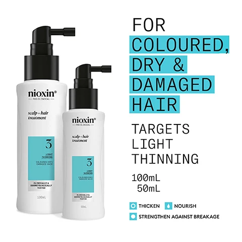 Image 2 - Two white Nioxin Scalp + Hair Treatment bottles with black pump dispensers, one 100ml and one 50ml, both labeled for light thinning, coloured, dry, damaged hair, and clinically & dermatologically tested; the text beside them reads For Coloured, Dry & Damaged Hair, Targets Light Thinning, 100mL, 50mL, Thicken, Nourish, Strengthen Against Breakage. Image 3 - Three Nioxin System Kit 3 hair care bottles, including scalp + hair treatment, shampoo, and conditioner, are arranged on a teal background, with text stating Use System Kit 3 to see RESULTS IN JUST 30 DAYS* and a disclaimer reading *Results with everyday use. Based on a survey among 230 U.S. panelists concerned about thinning hair who tried the systems (each tested 1 system kit), conducted by SIRS, 2016. Image 4 - A woman with long, wavy blonde hair is shown on the right side of the image, looking away, with text on the left side listing product benefits: FOR THICKER, FULLER HAIR. THICKENS, STRENGTHENS & NOURISHES LIGHT THINNING HAIR. LEAVES HAIR THICKER, FULLER WHILE MAINTAINING VIBRANT COLOUR. FORMULATED WITH POWERFUL NIACINAMIDE & BIOTIN. CLINICALLY & DERMATOLOGICALLY TESTED. Image 5 - A hand holds a Nioxin Pro Clinical scalp + hair treatment bottle for light thinning, coloured, dry, damaged hair that is clinically and dermatologically tested, next to a blue panel with instructions How To Use: scalp care + hair thickening treatment 1 Shake the Scalp & Hair Treatment to activate it 2 Apply to scalp and work through hair from roots to ends 3 Do not rinse. Image 6 - The image features three panels describing ingredients: a close-up of coffee beans paired with text CAFFEINE Supports hair follicles and maintains the skin barrier; clear liquid drops on a light green background with text MENTHA ARVENSIS LEAF OIL Also known as wild mint oil, this oil is known for its refreshing and invigorating benefits to the scalp; and clear liquid bubbles on a light blue background with text NIACINAMIDE A form of vitamin B3, Niacinamide helps nourish the hair root and can have a positive impact on the scalp environment. Image 7 - A close-up of a clear, reflective surface with a small bubble or drop at the top left features overlaid text that reads: NIOXIN SCALP CARE & HAIR THICKENING TREATMENT result: Provides a refreshed and revitalised scalp environment. Actively breaks down residue and DHT build-up in a time delivered system. Image 8 - A teal background displays black text promoting hair care, reading: Nioxin PRO CLINICAL NIOXIN GROWS RESULTS™ Only Nioxins Advanced Scalp Science Can Support Stronger Hair From the Root for Results You Can See and Feel. Image 9 - An image displays two Nioxin Scalp & Hair Treatment bottles, an old version on the left with a light pink label section and a new version on the right with a light blue label section, under the text NEW LOOK same great formula; the old bottle reads Nioxin Color Safe Scalp & Hair Treatment Step 3 Colored Hair Light Thinning 100 mL, and the new bottle reads nioxin - PRO CLINICAL - scalp + hair treatment 3 LIGHT THINNING COLOURED/DRY/DAMAGED HAIR CLINICALLY & DERMATOLOGICALLY TESTED 100mL, with the words Old and New beneath each bottle.