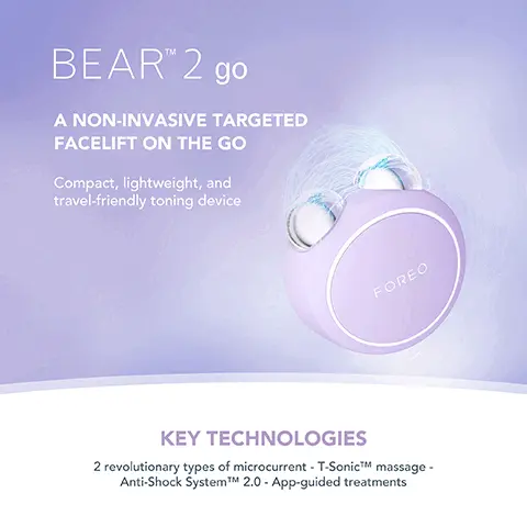 Image 1, BEAR 2 go A NON-INVASIVE TARGETED FACELIFT ON THE GO Compact, lightweight, and travel-friendly toning device FOREO KEY TECHNOLOGIES 2 revolutionary types of microcurrent - T-SonicTM massage- Anti-Shock SystemTM 2.0 - App-guided treatments Image 2, FOREO SUPERCHARGEDTM SERUM SÉRUM SERUM -2.0 - Firm, renew & replenish FOREO PERCHARGED SERUM SCRUM SERUM 2.0 30 Le KEY INGREDIENTS 5 kinds of HA - Squalane - Vitamin E - Ceramides - Amino Acids - Panthenol - Electrolytes Image 3, REPLENISHING HYALURONIC ACID COMPLEX ANTIOXIDANT-RICH SQUALANE, CERAMIDES & VITAMIN E MOISTURIZING PANTHENOL + AMINO ACID (SERINE) CONDUCTIVE MOISTURIZING ELECTROLYTES Image 4, FOREO SUPERCHARGED BARRIER RESTORING ESSENCE MIST An instantly dewy & youthful complexion EFOREO SUPERCHARGE RESTORN PRICE M KEY INGREDIENTS 9 Peptide Complex - 2% Niacinamide - Cica - Panthenol - Allantoin Image 5, REPAIRING 9 PEPTIDE COMPLEX BRIGHTENING 2% NIACINAMIDE CALMING CICA (CENTELLA ASIATICA) STRENGTHENING PANTHENOL SKIN-SOFTENING ALLANTOIN Image 6, Clinically proven to significantly improve fine lines and skin firmness. OREO *Based on 30-day clinical testing on 40 female subjects, aged 25 to 55. Image 7, CLINICAL RESULTS 98% of consumers reported skin looks. plumper and more supple, with less visible pores 98% of consumers reported their skin looks healthier and more energized 95% of consumers reported lifted cheekbones, less puffiness, and brighter skin *Based on 30-day clinical testing on 40 female subjects, aged 25 to 55. Image 8, before and after