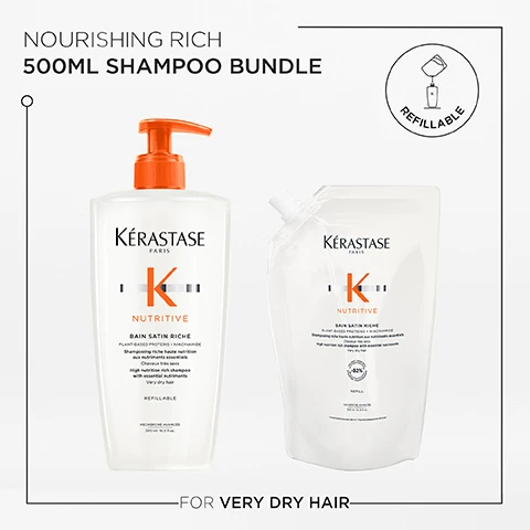 Image 1, nourishing rich 500ml shampoo bundle. for very dry hair. Image 2, nutritive, healthy ritual for dry hair. deeply nourished. up to 58% softer hair. up to 85% more shine. image 3, vitamins blend, plant based proteins, niacinamide.