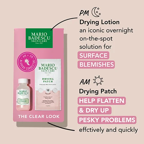 Image 1 - A pink package featuring Mario Badescu skincare products, including a bottle of drying lotion and a drying patch, with text highlighting their functions for surface blemishes and pesky problems.