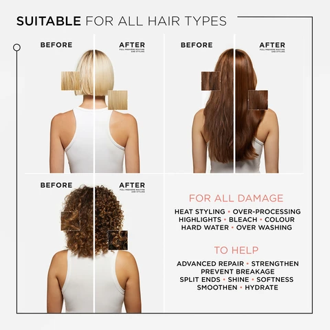 Image 1, before and after. suitable for all hair ttpes. for all damage - heat styling, over processing, highlights, bleach, colour, hard water, over washing. to help - advanced repair, strengthen, prevent breakage, split ends, shine, softness, smoothen, hydrate. image 2, restores up to 99% of hair's original strength. up to 82% shinier hair. up to 7 times smoother hair. 95% agree hair looks radically healthy. image 3, glycine, peptide. image 4, repairing anti frizz filler serum. all types of damaged hair. image 5, white, balmy texture. premiere repairing anti frizz filler serum. image 6, hovig etoyan global professional ambassador said - damaged hair is the number 1 concern in our salon. it is great to now have a complete exclusive protocol to offer the best repair to our clients.