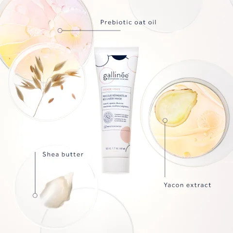 Prebiotic oat oil gallinée MICROBIOME SKINCARE VISAGE FACE MASQUE RÉPARATEUR RECOVERY MASK nourrit, apaise, illumine nourishes, soothes, brightens ROBIO NOVATION Convient aux peaux sèches & sensibles Suitable for dry & sensitive skin BREVETE/PATENTED* 50 mL 1.7 oz. net wt. Shea butter Yacon extract
