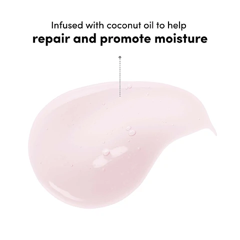 Image 1 - A dollop of translucent pink gel with small bubbles is shown on a white background, visually connected by a dotted line to the text Infused with coconut oil to help repair and promote moisture. Image 2 - A swirl of light pink cream on a white background, with a dotted line pointing from a small circle above to the cream, displaying the text: Infused with Acquaseal Coconut to coat hair and protect against external aggressors. Image 3 - A light pink creamy product swatch is shown on a white background with a dotted line pointing from the text Improves hair strength by 85% to the product. Image 4 - A light pink Coco & Eve Sweet Repair shampoo bottle with a bright pink cap has water splashing and dripping on it, with water drops on the wet surface below, and a soft pink background; the text on the bottle reads COCO & EVE SWEET REPAIR REPAIRING & RESTORING SHAMPOO SHAMPOOING RÉPARATEUR ET RECONSTITUANT BIOMIMETIC CERAMIDES + VITAMIN B5 FOR DAMAGED HAIR Net 288 mL / e 9.47 fl. oz. US, and the text on the right side of the image reads Repairs and restores Helps reduce breakage and split ends Promotes softness and smoothness for healthier looking hair. Image 5 - Two light pink Coco & Eve Sweet Repair shampoo and conditioner bottles with bright pink caps are displayed on a reflective surface with a pink hibiscus flower, a piece of coconut, and small product spills, against a purple and pink gradient background; the image contains the text Botanicals blended with vitamin B5, ceramides, vegan keratin and hyaluronic acid for softness and strength; the left bottle reads COCO & EVE SWEET REPAIR REPAIRING & RESTORING SHAMPOO SHAMPOOING RÉPARATEUR ET RECONSTITUANT BIOMIMETIC CERAMIDES + VITAMIN B5 FOR DAMAGED HAIR Net 288 ml / e 9.47 fl. oz. US; and the right bottle reads COCO & EVE SWEET REPAIR REPAIRING & RESTORING CONDITIONER APRÈS-SHAMPOOING RÉPARATEUR ET RECONSTITUANT CERAMIDES + VITAMIN B5 FOR DAMAGED HAIR Net 288 ml / e 9.47 fl. oz. US. Image 6 - A smiling blonde woman wearing a pink bikini top and a pink flower in her hair holds a pink jar of Coco & Eve hair mask, against a background of blue sky and green trees, with the text Get visibly smoother, healthier-looking locks in just 5 minutes! and on the product jar Coco & Eve Sweet Repair Repairing & Restoring Hair Mask Biomimetic Ceramides + HA + Vegan Keratin Complex Masque Réparateur et Restaurateur Pour Les Cheveux Net 212 mL e 7.17 fl. oz. US. Image 7 - A smiling blonde woman in a pink bikini holds a golden coconut against a backdrop of blue sky and green trees, with the text Transformative, restoring conditioner for hair damaged by: heat styling, excessive brushing and other external aggressors. Image 8 - A split image shows a womans blonde hair from the back, with the left panel labeled Before showing dry, frizzy hair, and the right panel labeled After showing smoother, shinier hair; below are the words *Using Sweet Repair Shampoo, Conditioner and Mask as part of a regimen and UNRETOUCHED.