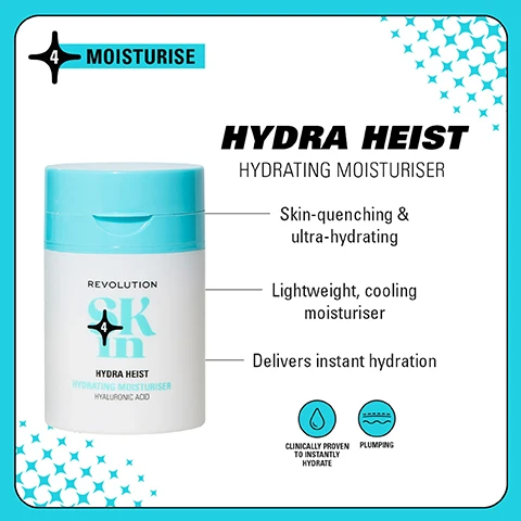 Image 1 - A moisturizer container labeled HYDRA HEIST in blue and white, with text describing it as skin-quenching, ultra-hydrating, lightweight, and cooling, along with notes on its hydrating properties and effectiveness.
Image 2 - Image shows a side-by-side comparison of two skincare products: on the left is a white container labeled HYDRATE with the text REVOLUTION SKIN below, and on the right is a blue container labeled HYDRA HEIST with REVOLUTION SK above it; the top of the image says WEVE HAD A GLOW UP! and the bottom says NEW LOOK. SAME INCREDIBLE FORMULA.
Image 3 - A colorful display of skincare products in four sections: Be Bright with orange and pink bottles, Happy Hydrate with blue and green containers, Clearly Clarify with blue and green products, and Go Gentle with pink and white items, each accompanied by a description of the product benefits and steps for use.