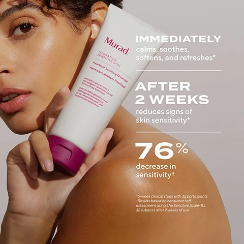 Image 1 - A woman with dewy skin holds a tube of Murad Hydration Sensitive Skin Cleanser, with her face turned towards the camera, while text on the image indicates immediate calming effects and a 76% decrease in skin sensitivity after two weeks.
Image 2 - A hand holds a tube of Murad Hydration Sensitive Skin cleanser, with product benefits listed alongside it, including Ultra-gentle, Hypo-allergenic, Alcohol-free, Fragrance-free, and Non-stripping.
Image 3 - Image showing a side-by-side comparison of skin before and after using a skincare product, with visible text Before and Immediate on the respective sections, and a label for the product HEARTLEAF SENSITIVE SKIN TRIO in the upper right corner.
Image 4 - Image shows a close-up of a persons chin and lower cheek area with two sections labeled Before and After 1 week; the before area has visible blemishes while the after area appears smoother, with the text HEARTLEAF SENSITIVE SKIN TRIO in a purple box at the top.
Image 5 - Image shows two side-by-side photos of a persons lower face, with the left labeled Before showing visible wrinkles and blemishes, and the right labeled After 1 week showing smoother skin; there is also a purple box at the top right reading HEARTLEAF SENSITIVE SKIN TRIO.
Image 6 - Close-up images of a persons cheek area showing skin before and after using a skincare product, with visible improvements; the top section labeled Before and the bottom section labeled After 2 weeks, with the text Heartleaf Sensitive Skin Trio in the corner.
