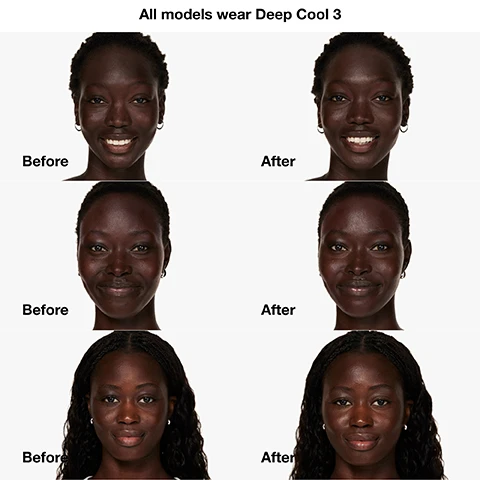 Image 1 - Four portraits of women with dark skin tones, showing makeup results labeled as Before and After on each side, with the text All models wear Deep Cool 3 at the top.
Image 2 - Two bottles of Cliniques Even Better Clinical Vitamin Makeup are displayed, one in a darker shade and the other in a lighter shade, with visible text stating 96% say skin looks more radiant and *Consumer testing on 165 women after using product for 1 week.
Image 3 - Three circular petri dishes containing different colored powders: an orange powder labeled Vitamin E provides antioxidant defense against environmental aggressors, a yellow liquid in a clear dish labeled 5 forms of vitamin C helps brighten the look of skin, and a white powder labeled 4% vitamin B3 helps boost skins natural energy.
Image 4 - A bottle of Clinique Even Better Clinical vitamin makeup with SPF 50 is shown against a background of yellow liquids, accompanied by bullet points detailing dermatological testing, safety for sensitive skin and eyes, and ingredients free of fragrance, oil, SLS, and SLES.