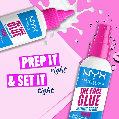 Image 1 - Image features two bottles of NYX Professional Makeup products, one labeled Face Glue and the other Face Glue Setting Spray against a pink and blue background, with text PREP IT right & SET IT tight and THE FACE GLUE visible on the image.
Image 2 - Image of a bottle of Nyx Professional Makeup The Face Glue Setting Spray with a pink cap, featuring a larger bottle on the left and a smaller bottle on the right, along with text highlighting its features: fade-resistant, transfer-resistant, waterproof, lightweight, moisturizing, and all-day grip, and stating Up to 24hr wear.
Image 3 - A young woman with long brown hair and makeup is spraying a setting spray from a pink bottle towards her face, with text that reads EXTEND MAKEUP UP TO 24H and numbered steps 01 Apply makeup as usual and 02 Hold 6 inches from face & lightly spritz.
Image 4 - A smiling person holds a makeup product while applying cream to their cheek, with two bottles of NYX makeup products labeled THE FACE GLUE and SETTING SPRAY next to them, and visible text reading 1. Prime for glue level grip & soft-focus finish 2. Set for sealed makeup that doesnt move alongside a badge stating Vegan Formula and Cruelty-Free.
Image 5 - A smiling woman with light brown hair and piercings holds makeup products, displaying four steps labeled 01 PRIME, 02 BLUR, 03 BLUSH, and 04 SET, with corresponding product names: The Face Glue Primer, Bare With Me Blur Tint Foundation, Buttercream Blush, and The Face Glue Setting Spray.
Image 6 - A bottle of setting spray from NYX Professional Makeup labeled THE FACE GLUE with a pink cap, featuring text that states it is formulated with maple syrup and powerful film formers to glue down makeup.
Image 7 - Three beauty products are displayed: a setting spray, a brow glue, and a gripping primer, all labeled with the NYX logo and featuring bright pink and black colors, with text that reads BASE GLUED, BROWS GLUED, everything glued! along with phrases Transfer & fade resistant, VEGAN FORMULA, CRUELTY FREE, and NO MAKEUP RETOUCHING.
Image 8 - Image shows five bottles of NYX professional makeup setting sprays arranged in a row with colorful backgrounds; the visible text includes OUR BEST-SELLING SETTING SPRAYS and names of the sprays: THE MARSH MELLOW, MATTE FINISH FINI MAT, PLUMP FINISH FINI REPELLANT, DEWY FINISH FINI SATINE, and THE FACE GLUE.