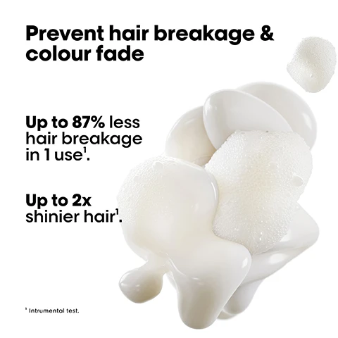 Image 1 - A white, foamy substance is shown with text that reads Prevent hair breakage & colour fade, Up to 87% less hair breakage in 1 use, and Up to 2x shinier hair.
Image 2 - Image of a LOreal Professionnel product with a large pouch pouring into a smaller bottle, featuring text that reads high pro performance, up to 73% less plastic, and save up to 15%/ml, along with a note stating the comparison is to a 500ml bottle, with 3.5 times washes per week.
Image 3 - Two pairs of images show hair transformations labeled Before and After, with a model having straight hair above and another with curly hair below, along with a group of hair care products on display; visible text reads: The full Metal Detox routine for breakage and colour fade protection. Not retouched.
Image 4 - An abstract image of hair strands with metallic particles, featuring text that reads Did you know that wash after wash, metal penetrates inside your hair? at the center, and the hashtag #MetalDetox at the top with LOréal Professionnel Paris at the bottom.
Image 5 - A glossy, abstract representation of a fiber structure with a metallic internal element, featuring text that reads Glicoamine, traps and neutralises metal inside the fibre, and inside the fibre.
Image 6 - Three hair care products are displayed: a bottle of LOreal Metal Detox shampoo labeled 01 Cleanse, a jar of Metal Detox treatment labeled 02 Treat, and a bottle of Metal Detox styling serum labeled 03 Style, with a glossy cream swirl and visible text reading The anti-breakage professional routine.
Image 7 - Image showing instructions on how to refill a shampoo bottle, consisting of three steps: 01 Take your empty shampoo bottle. Do not rinse it. Unscrew the bottle & refill caps. 02 Take the refill pouch and pour it up slowly inside the bottle. 03 Screw the cap and use your shampoo as usual. Refill the bottle maximum 3 times.
Image 8 - Four images illustrate the steps for using LOréal Metal Detox products, showing a small bottle next to a larger pouch with text indicating Metal Detox and 73% Reduction, followed by instructions for opening, pouring, and closing the bottle.
