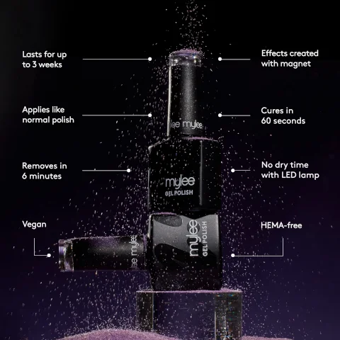 lasts for up to 3 weeks applies like normal polish removed in 6 minutes vegan effects created with magnet cures in 60 seconds no dry time with LED lamp HEMA-free