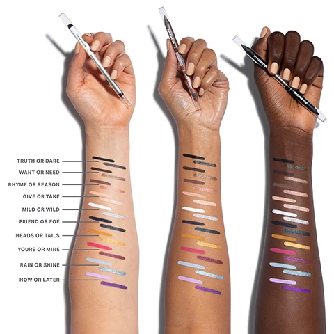 Image 1 - Three arms of different skin tones are shown with colorful swatches of makeup applied from a variety of pencils held in the hands; visible text labels next to each swatch include: Truth or Dare, Want or Need, Rhyme or Reason, Give or Take, Mild or Wild, Friend or Foe, Heads or Tails, Yours or Mine, Rain or Shine, How or Later.
Image 2 - A grid of colorful brush stroke swatches features ten shades on the left with corresponding numbers and phrases: 1 Truth or Dare, 2 Want or Need, 3 Rhyme or Reason, 4 Give or Take, 5 Mild or Wild, and on the right, 6 Friend or Foe, 7 Heads or Tails, 8 Yours or Mine, 9 Rain or Shine, 10 Now or Later.
Image 3 - A dual-ended eyeliner in various shades is shown, with the visible text highlighting features such as DOUBLE IMPACT, UNBEATABLE ENDURANCE, and SMOOTH MOVES, alongside details about the products color payoff and formula.
Image 4 - Image of a circular arrangement of dual-ended gel pencils in various colors labeled Morphe, with three icons indicating All Day Wear, Transfer-Proof, and Water-Proof, along with the text BI-LINER DUAL-ENDED GEL PENCIL.