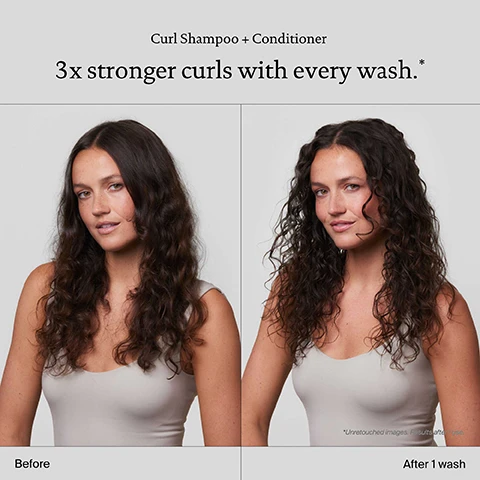 Image 3 - A before and after image shows a woman with dark curly hair, appearing voluminous and somewhat frizzy on the left labeled Before, and significantly more defined and lustrous on the right labeled After 1 wash, with accompanying text Curl Shampoo + Conditioner 3x stronger curls with every wash.* and *Unretouched images. Results after 1 use. Image 4 - A split image displays a woman with dark brown hair, showing a Before view on the left with loose, slightly frizzy curls and an After 1 wash view on the right with more defined, bouncier curls, alongside the text Curl Shampoo + Conditioner, 3x stronger curls with every wash, and a small note Unretouched images. Results after 1 use. Image 5 - A salmon-pink bottle of Living proof curl conditioner for waves, curls & coils, a sulfate-free conditioner, 236 mL e 8.0 FL OZ US, is displayed on a blue background with bubbles, next to text boxes stating DELIVERS 3X STRONGER CURLS IN JUST 1 WASH*, HYDRATES + IMPROVES CURL DEFINITION, and HEALTHIER LOOKING CURLS WITH EVERY WASH. Image 6 - A comparison chart on a blue background with water droplets contrasts Sili-CLONE HairTech™ with Silicone, stating for Sili-CLONE HairTech: HAIR ACTUALLY BECOMES HEALTHIER, KEEPS HAIR CLEANER + HEALTHIER, LONGER, PROMOTES LONGEVITY OF HAIR HEALTH, and for Silicone: HAIR APPEARS HEALTHY, DAMAGE IS MASKED, MAKES HAIR DIRTIER, FASTER, CAN LEAD TO CHRONIC DAMAGE. Image 7 - The upper part of a textured white bottle covered in water droplets with dashed design lines around it is shown against a soft grey background, with the text Bottles are ready for recycling. Made of 50% post-consumer recycled (PCR) materials. Image 8 - A blue background with a cluster of translucent, iridescent bubbles on the right, featuring the text Sili-CLONE™ HairTech and Feels like silicone, scientifically proven to unlock healthier hair.