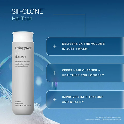 Image 3 - A split image shows a woman with reddish-brown hair, with the left side labeled Before depicting less voluminous hair and the right side labeled After 1 wash showing visibly fuller hair, all under the main text Full Shampoo + Conditioner, 2x the volume with every wash, and a footnote reading *Unretouched images. Results after 1 use. Image 4 - A split image shows a persons dark hair before on the left, appearing frizzy and undefined, and after 14 days on the right, showing smoother, more defined waves, with circular close-ups highlighting the texture improvement, accompanied by the text Transforms hair texture and quality over time, Air-dried results using only Full Shampoo + Conditioner, and a note that it is Based on a 3-week consumer use study. Image 5 - A white bottle of Living proof full shampoo stands on a blue background with subtle bubbles, featuring the text Sili-CLONE HairTech, Living proof full shampoo for fine, thin or flat hair pour les cheveux fins, plats ou peu fournis SHAMPOO SHAMPOOING 236 mL e 8.0 FL OZ US, and product benefits DELIVERS 2X THE VOLUME IN JUST 1 WASH*, KEEPS HAIR CLEANER + HEALTHIER FOR LONGER**, and IMPROVES HAIR TEXTURE AND QUALITY, with additional text *Full Shampoo + Conditioner vs. untreated and **Based on Full Shampoo + Conditioner consumer use study. Image 6 - A comparison chart on a blue background with water droplets contrasts Sili-CLONE HairTech versus Silicone, detailing that Sili-CLONE HairTech makes hair actually healthier, keeps hair cleaner and healthier longer, and promotes longevity of hair health, while Silicone makes hair appear healthy by masking damage, makes hair dirtier faster, and can lead to chronic damage. Image 7 - A white, curved bottle covered in water droplets with a dark grey base, overlaid with white dashed design lines, and text that reads Bottles are ready for recycling. Made of 50% post-consumer recycled (PCR) materials. Image 8 - A blue background with a cluster of iridescent bubbles on the right side, featuring the text Sili-CLONE™ HairTech and Feels like silicone, scientifically proven to unlock healthier hair. Image 9 - The image shows a person with wet hair, featuring their eye and forehead, next to three Living Proof hair products presented as a routine with the main text Lasting volume routine; the steps are detailed as STEP 1 Cleanse with Living proof. full shampoo for fine, thin or flat hair pour les cheveux fins, plats ou peu fournis SHAMPOO SHAMPOOING 236 mL e 8.0 FL OZ US, STEP 2 Condition with Living proof. full conditioner for fine, thin or flat hair pour les cheveux fins, plats ou peu fournis CONDITIONER APRÈS-SHAMPOOING 236 mL e 8.0 FL OZ US, and STEP 3 Style + protect with Living proof. full dry volume & texture spray instant, lasting volume & texture STYLING & FINISHING SPRAY 238 mL e.