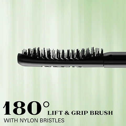 A black hairbrush with nylon bristles is shown against a light green background, featuring the text 180° LIFT & GRIP BRUSH WITH NYLON BRISTLES.