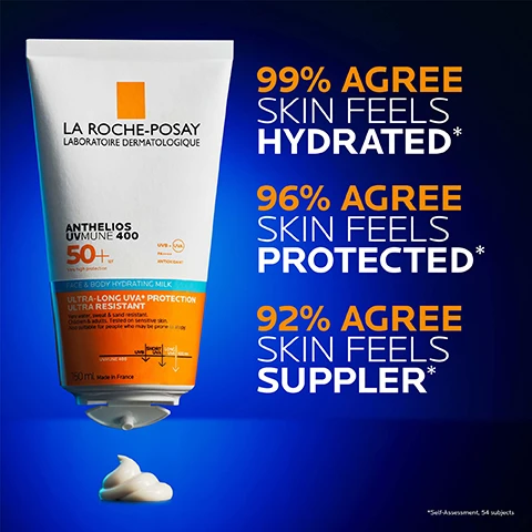 Image 2 - Image of a tube of La Roche-Posay Anthelios UVMUNE 400 sunscreen with visible text indicating that 99% agree skin feels hydrated, 96% agree skin feels protected, and 92% agree skin feels suppler.
Image 3 - A tube of La Roche-Posay Anthelios UVMune 400 sunscreen is shown, with the product dispensing a portion of creamy lotion against a blue background, featuring bold text stating 99% AGREE SKIN FEELS HYDRATED* and additional product details.
Image 4 - A promotional image features two La Roche-Posay products: a white bottle of face and body sun protection labeled Anthelios Immune 400 with the text FACE & BODY SUN PROTECTION and a white can of thermal spring water labeled THERMAL SPRING WATER, both accompanied by the phrase OUR WINNING DUO.
Image 5 - A close-up of a persons face with a light sunscreen or moisturizer being applied to their cheek, featuring text that reads Moisturizing Non-Sticky No White Marks, Ultra-Long UVA Protection, and Ultra Resistant to Sand Water and Sweat.
Image 6 - Image shows three sections with distinct visuals and text labels: the first section features a glowing orb with radiating lines labeled Mexoryl 400™ and text reading ultra-long UVA protection; the second section displays a vibrant blue and red pattern labeled Vitamin E with the text anti-oxidant properties; the third section showcases clear droplets against a blue background labeled Glycerin with text stating nourishes and moisturize skin.
Image 7 - Image shows the La Roche-Posay logo at the top, a blue badge stating RECOMMENDED BY DERMATOLOGISTS, an illustration of a woman touching her face labeled SUITABLE FOR VERY PHOTOSENSITIVE SKIN, and an icon indicating PROTECTION AGAINST UVA/UVB.
Image 8 - A gloved hand holds a tube of La Roche-Posay Anthelios Uvmune 400 sunscreen, which claims to provide very high protection with UVA and UVB filters, and features text indicating it is the number one dermatologist recommended skincare brand in the UK.