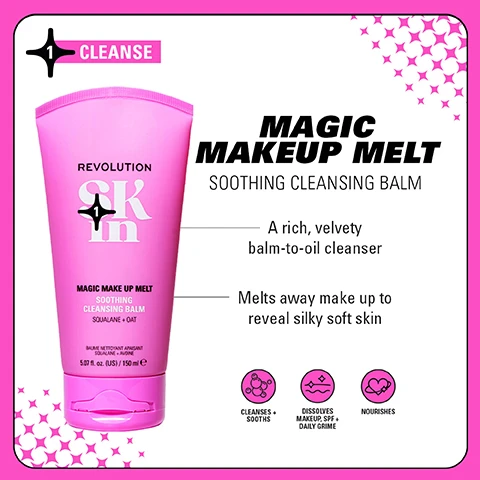 Image 1 - A pink cleansing balm tube labeled MAGIC MAKEUP MELT SOOTHING CLEANSING BALM with descriptions indicating it is a rich balm-to-oil cleanser that melts away makeup to reveal soft skin, featuring icons for cleansing, dissolving makeup, and nourishing skin.
Image 2 - A pink toner bottle labeled GLAZE DAZE SOOTHING MILKY TONER ESSENCE with descriptors indicating that it is a hydrating toner that glazes the skin for a luminous finish, alongside icons for soothing the skin barrier and hydration.
Image 3 - Image of a pink serum bottle labeled Bouncy Barrier Soothing Serum with additional text stating A pink peptide-powered serum, Soothes stressed-out skin, and Supports skin barrier, alongside icons indicating benefits of soothing and 24-hour hydration.
Image 4 - Image of a skincare product labeled Plump-Tide Soothing Moisturiser with a light pink cap, featuring text that states it is a calming moisturiser, is formulated to soothe skin and support the barrier, and leaves skin happy and hydrated, along with icons indicating it plumps skin, provides clinically proven 12-hour hydration, and supports skin barrier.
Image 5 - A collection of five skincare products in pink packaging, displayed against a bright green background, with the text GO GENTLE SOOTHING FORMULAS FOR BARRIER SUPPORT and CLINICALLY TESTED FOR SENSITIVE SKIN visible, alongside 4 STEPS TO BARRIER SUPPORT and an AM + PM icon.
Image 6 - The image features four groups of skincare products arranged on colorful backgrounds; the top left section titled Be Bright includes orange and white products with the text 4 STEPS TO BRIGHTER SKIN, the top right section titled Happy Hydrate has blue and white products with the text 4 STEPS TO ULTIMATE HYDRATION, the bottom left section titled Clearly Clarify contains green and white products with the text 4 STEPS TO CLEARER SKIN, and the bottom right section titled Go Gentle displays pink and white products with the text 4 STEPS TO BARRIER SUPPORT.