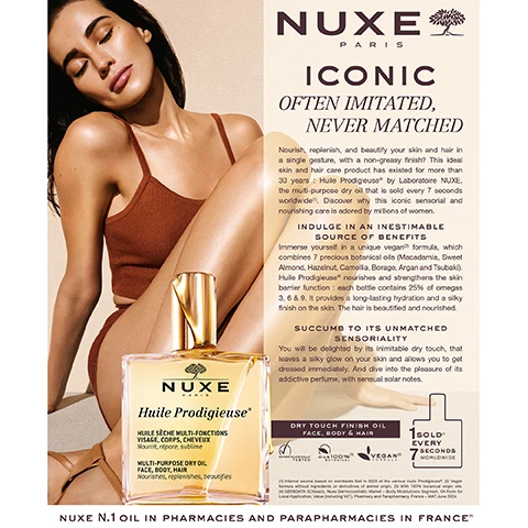 Image 1 - A woman with dark hair, wearing a brown tank top, is lounging while holding a bottle of NUXE Huile Prodigieuse in front of her; visible text includes NUXE PARIS ICONIC OFTEN IMITATED, NEVER MATCHED and product details about the oil.
Image 2 - A close-up of a creamy white texture with the bold text 48H MOISTURISING CREAM and a stopwatch icon.