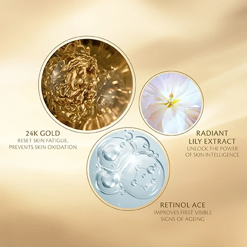 Image 1 - The image features three circular elements showcasing skincare ingredients: a gold swirl representing 24K gold with the text 24K GOLD, RESET SKIN FATIGUE, PREVENTS SKIN OXIDATION; a white flower for radiant lily extract with the text RADIANT LILY EXTRACT, UNLOCK THE POWER OF SKIN INTELLIGENCE; and a blue gel-like substance for retinol ACE with the text RETINOL ACE, IMPROVES FIRST VISIBLE SIGNS OF AGEING, all set against a soft gold background.
Image 2 - A luxurious golden skincare serum bottle is centered against a shimmering gold background with visible text stating wrinkles look reduced by 31%, skin is 15% firmer, and 12% more luminous, along with the product name clè de peau beauté and a note about clinical results in six weeks.
Image 3 - A woman with blue eyes and a sleek hairstyle is holding a gold bottle of skincare serum, with the text 97% FELT IT HELPED TO ENERGIZE SKIN IN 1 DAY * displayed alongside her.
Image 4 - An arrangement of skincare products includes a golden serum bottle on the left, a gold vitality mask in the center, and a brush on the right, with a shimmering gold background and text that states ADDRESS STRESS-SIGNS* ON TWO FRONTS, DAILY SUPER-CHARGE, INSTANT INTENSIVE, and *Roughness, dryness, dullness.