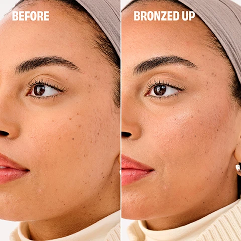 Image 1 - Image shows a side-by-side comparison of a womans face, with the left labeled BEFORE displaying a natural skin tone with visible freckles, and the right labeled BRONZED UP showing the same woman with enhanced bronzed skin that appears smoother and glowy.
Image 2 - A layered arrangement of makeup shades in various tones labeled as Light, Original, NEW! Medium, NEW! Medium Deep, and NEW! Deep.