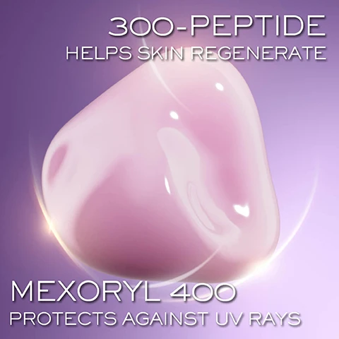 Image 1 - A glossy pink blob representing a skincare product is centered on a soft purple background, with the text 300-PEPTIDE HELPS SKIN REGENERATE and MEXORYL 400 PROTECTS AGAINST UV RAYS prominently displayed.
Image 2 - A woman with a glowing complexion applies a light cream to her cheek while smiling at the camera, with the text CLINICALLY PROVEN ON UK WOMEN* visible at the bottom.
Image 3 - Two skincare products are displayed: a jar of Lancôme Rénérgie H.P.N. UVMune Cream SPF 50 and a bottle of Lancôme C.R.X. Triple Serum Retinol, with text detailing usage instructions that say APPLY H.P.N. UVMUNE CREAM EVERY MORNING and FOLLOW WITH C.R.X. TRIPLE SERUM RETINOL AT NIGHT.