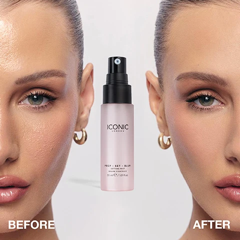 Image 1 - Image shows a side-by-side comparison of a womans face labeled BEFORE and AFTER with a bottle of ICONIC LONDON Prep Set Blur Setting Mist in the center.
Image 2 - Image of four women with diverse hair textures and skin tones, each showing a half-and-half comparison of two different makeup effects labeled as PREP. SET. GLOW. and PREP. SET. BLUR., with the title UNIVERSAL WEAR MADE FOR ALL SKIN TONES at the top.
Image 3 - An image of two bottles of ICONIC LONDON Prep, Set, Blur facial mist on a gradient purple background, with text that reads PREP. SET. BLUR. ULTRA - FINE MIST FOR A SOFT FOCUS, FLAWLESS FINISH, followed by instructions: 1. SHAKE TO ACTIVATE, 2. PREP FIX AND BLUR, 3. SET FOR LONG-LASTING MAKE-UP, along with icons for niacinamide, illuminating prebiotics, oil absorbing, vegan, cruelty free, and universal wear for all skin tones.
Image 4 - A woman with long dark hair looks surprised while holding a makeup product, with the text PREP. SET. BLUR. 16 hour wear - for a flawless, airbrushed finish.
Image 5 - A woman with long dark hair poses with her shoulders bare, showing off a radiant complexion, while text percentages highlight consumer responses about makeup effects, stating 91% said skin looks smoother, 91% said it enhances skin and makeup, 88% agreed it sets makeup all day long, and 83% agreed skin looks flawless and airbrushed.
Image 6 - Image shows two cosmetic products on a light purple background: on the left, a spray bottle labeled PREP. SET. BLUR. SETTING SPRAY from ICONIC LONDON, and on the right, a tube labeled VELVET SMOOTH PORE-REFINING PRIMER from ICONIC LONDON with text listing key features of each product.