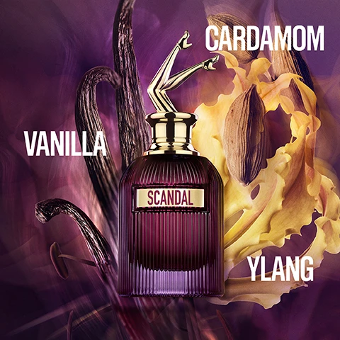 Image 1 - A glass perfume bottle labeled SCANDAL is featured prominently against a colorful background with flowers and vanilla pods, with the words CARDAMOM, VANILLA, and YLANG visible around it.
Image 2 - Four perfume bottles labeled SCANDAL, INTENSE, LE PARFUM, and ABSOLU are displayed against colorful floral backgrounds, with visible text noting their types: Eau de Parfum, Eau de Parfum Intense, and Parfum Concenté, along with fragrance categories such as Gourmand Chypre, Amber Floral, and Floral Ambery.