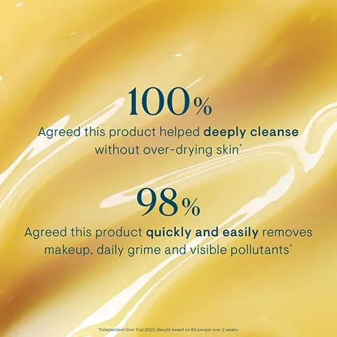 Image 1 - Close-up of a golden-yellow skincare product texture with white text overlay that reads: 100% Agreed this product helped deeply cleanse without over-drying skin. 98% Agreed this product quickly and easily removes makeup, daily grime and visible pollutants. Independent User Trial 2020. Results based on 60 people over 2 weeks. Image 2 - A person with closed eyes and a wide smile has a white creamy substance on their face, touching their cheek with a hand featuring pink nails, next to text that reads 3-in-1 Transformative Texture Melts away makeup as a balm Nourishes as a cleansing oil Hydrates as a milk. Image 3 - The image shows three ingredient sections: a close-up of oil droplets labeled Optimega™ Oil Smooths and replenishes skin, a close-up of blueberries labeled Elderberry Oil Helps give skin radiant glow, and a close-up of brown fan-shaped algae labeled Padina Pavonica Supports hydration. Image 4 - The image displays three tubs of Elemis Pro-Collagen Cleansing Balm alongside text that reads Discover Our Aromatics, with the pink tub labeled Rose Infused and showing Elemis Pro-Collagen Rose Cleansing Balm Super Cleansing Treatment Balm, the white open tub labeled Fragrance-Free and showing Elemis Pro-Collegen Naked Cleansing Balm Fragrance-Free Cleansing Balm, and the gold tub labeled Original and showing Elemis Pro-Collagen Cleansing Balm.
