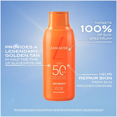 Image 1 - An orange bottle of Lancaster SPF 50 Sun Beauty Lait Corps Body Milk sunscreen with text overlays stating PROVIDES A LEGENDARY GOLDEN TAN IN HALF THE TIME OF SUN EXPOSURE TARGETS 100% OF SUN SPECTRUM* HELPS REPAIR SKIN FROM SUN INDUCED DAMAGE and small disclaimer text below reading NO SUNSCREEN PRODUCT CAN PROVIDE FULL PROTECTION AGAINST SUNS RAYS OVER-EXPOSURE TO THE SUN IS A SERIOUS HEALTH THREAT IN VITRO TEST ON TAN ACTIVATOR COMPLEX ON SUN BEAUTY RANGE. Image 2 - A white swipe of cream or lotion with text labels that say ULTRA LIGHTWEIGHT, MILKY TEXTURE, INVISIBLE VELVETY FINISH. Image 3 - Advertisement shows two orange Lancaster Sun Beauty SPF 50 sunscreen products against a blue sky with text reading SUN BEAUTY and 10X BROADER SUN SPECTRUM TECHNOLOGY. Image 4 - Two Lancaster sunscreen bottles, a smaller 100ml travel size tube in a clear pouch next to a larger 400ml bottle, with text ON-THE-GO SUN PROTECTION, NOW IN TRAVEL SIZE! LANCASTER L PHOTOPROTECTION 50 SPF HIGH PROTECTION SUN BEAUTY Lait Corps Body Milk Water Resistant 100ML LANCASTER L PHOTOPROTECTION CONTROL 50 SPF HIGH PROTECTION SUN BEAUTY Lait Corps Body Milk Water Resistant 400ML.