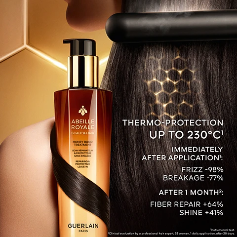 Image 1 - Abeille Royale Scalp & Hair Honey Bond Treatment by Guerlain is shown alongside a sleek, modern hair styling tool, with the text indicating thermo-protection up to 230°C and results of frizz reduction, breakage decrease, fiber repair, and shine improvement.
Image 2 - A person with long, wavy hair is shown from behind in a split image; the left side labeled Before shows frizzy hair, while the right side labeled After displays smooth and shiny hair, accompanied by hexagonal shapes illustrating the hairs texture. Results obtained immediately after application of a hair treatment. Results may vary from one individual to another.
Image 3 - Image shows a woman’s head and shoulders with curly hair, split into two sections labeled BEFORE and AFTER ONE USE, highlighting the difference in hair texture and smoothness, along with hexagonal symbols that read UNTRETOUCHED HAIR and SHOT UNDER THE SUPERVISION OF A BAILIFF and RESULTS MAY VARY FROM ONE INDIVIDUAL TO ANOTHER.
Image 4 - A hexagonal glass container filled with a golden liquid sits at the center, surrounded by a textured background of honeycomb patterns, with the text BLACKBEE HONEY REPAIR TECHNOLOGY and a list of honey types and ingredients including OUESSANT ISLAND BLACKBEE HONEY, CORSICA HONEY, ÅLAND HONEY, IKARIA HONEY, PHYTOCERAMIDES, ARGININE, D-PANTHENOL, CASSIA ALATA EXTRACT.
Image 5 - An image featuring a golden honeycomb pattern with a hexagonal droplet of a creamy substance at the center, surrounded by the text Honey Bond-Protect Complex™ and exclusive royal jelly, Åland honey & beeswax butter.
Image 6 - Two hair care products are displayed against a honeycomb background, featuring the labels YOUTH OIL-IN-SERUM and HONEY BOND TREATMENT, both products are from Guerlain Paris.
Image 7 - A beekeeper in protective gear walks along a coastal landscape covered in flowers, with a beehive labeled Guerlain visible beside him, and text above reads Since 2011, Guerlain has been a patron of the Association of the Ouessant Island Brittany Black Bee Conservatory (ACANB), supporting bee protection and scientific research.