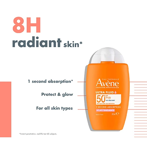 Image 1 - An orange bottle of Avene sunscreen labeled ULTRA FLUID SPF 50+ is shown with captions highlighting features such as 8H radiant skin, 1 second absorption, Protect & glow, and For all skin types.
Image 2 - A bottle of Avène Ultra Fluid sunscreen with SPF 50 is shown, featuring an orange label with descriptions of its qualities: UVA/UVB HEV blue light protection, ultra-light texture, radiant finish, and suitability as a good make-up base.
Image 3 - A white spray bottle labeled Eau Thermale with orange accents, surrounded by icons depicting hydration, makeup friendliness, after-sun use, cooling spray, and relief from itching sensations, along with the text 150 ml and Made in France.
Image 4 - A cylindrical white bottle labeled Avène Eau Thermale features text stating Soothing, softening & refreshing, and includes information about its suitability for sensitive skin, vegan status, and that it contains 100% natural origin ingredients, along with a mention of 65% skin sensitivity reduction.