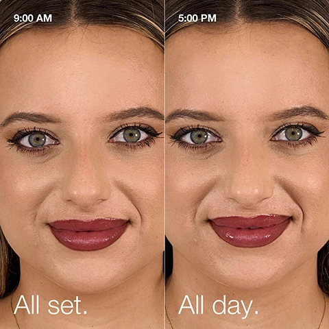 Image 1 - A split image shows a womans face with makeup at 9:00 AM on the left and at 5:00 PM on the right, with visible text 9:00 AM, All set. on the left and 5:00 PM, All day. on the right, demonstrating the makeups longevity. Image 2 - A person with closed eyes has a purple spray bottle directed at their face, with fine mist droplets visible on their skin, alongside instructions: Step 1 Shake well. Step 2 Hold 25–35 cm from face. Step 3 Press for a fine-mist spray. Image 3 - The image displays Clinique product information with a purple setting spray bottle to the right and text on the left stating Formula facts: Dermatologist tested, Ophthalmologist tested, Safe for sensitive skin, Allergy tested, Fragrance free; and Free of: Oil, Sodium lauryl sulfate, Sodium laureth sulfate, Alcohol, Sulfites, while the purple bottle itself reads Clinique set the day makeup setting spray spray fixateur de maquillage 5% Aloe Water Eau dAloe 5%. Image 4 - The image shows slices of green aloe vera with condensation on a clear dish and translucent yellow liquid drops on a white surface, with text that reads 5% aloe water helps soothe and refresh with hydration and Antioxidants, including vitamin E help protect from environmental aggressors. Image 5 - White background with water droplets and two sections of black icons and text, showing a padlock icon with the text lock in makeup and two water drop icons with the text hydrate.