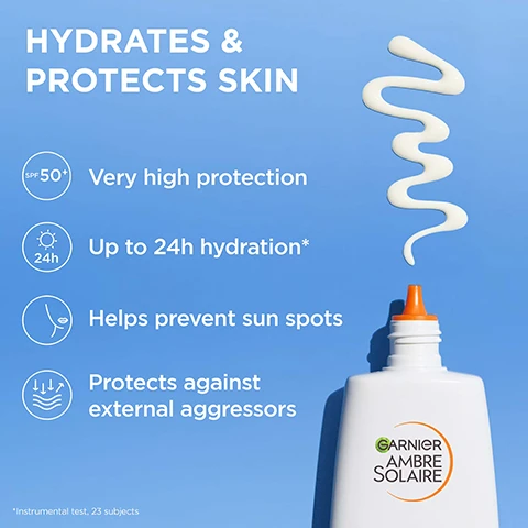 Image 1 - A white Garnier Ambre Solaire sunscreen bottle with an orange cap shows a wavy stream of white product against a blue background, accompanied by text that reads Hydrates & Protects Skin, SPF 50+ Very high protection, Up to 24h hydration*, Helps prevent sun spots, Protects against external aggressors, and *instrumental test, 23 subjects. Image 2 - A flat lay image on a diagonal white marble and blue water background displays a white bottle of Garnier Ambre Solaire Hydra 24 Protect 50 SPF UV next to text 1. PROTECT, a light blue bottle of Garnier Ambre Solaire Soothing After Sun Hydrating Lotion Face & Body Generous Format next to text 2. SOOTH, brown sunglasses, and a straw hat, with a Garnier Ambre Solaire logo in the top right. Image 3 - A white, wavy Garnier Ambre Solaire Hydra 24H Protect Very High Protection Milk SPF 50+ sunscreen bottle with an orange cap rests on sand against a bright blue sky, with visible text including ADVANCED PROTECTION & UP TO 24H HYDRATION¹, RECYCLABLE BOTTLE, HIGH UVB & UVA PROTECTION, 93% AGREE SKIN FEELS HYDRATED INSTANTLY*, 90% AGREE INVISIBLE FINISH ON SKIN*, NON-GREASY, QUICK ABSORPTION, WATER RESISTANT, and VITAMIN C⁺⁺. Image 4 - A white, glossy, wavy background illustrates product features that read LIGHTWEIGHT, SUMMER-PROOF TEXTURE, ABSORBS QUICKLY, NON-GREASY & NON-STICKY, INVISIBLE FINISH, NO WHITE CAST, SWEAT, SAND & VERY WATER-RESISTANT. Image 5 - A Garnier Ambre Solaire Hydra 24H Protect SPF 50+ sunscreen bottle is displayed on sand with a blue sky background, accompanied by elements like jasmine flowers, coconut, and lime, illustrating text that reads Meet Sun Blossom Elixir, A Fresh Summery Fragrance, Top Notes Apricot, Ylang-Ylang, Bergamot & Pear, Heart Notes Jasmine, Frangipani, Water Lily & Tiare, Base Notes Coconut Milk, Sandalwood, Vanilla, along with bottle text Recyclable Bottle, Very High Protection Milk, Non-Greasy, Quick Absorption, Water Resistant, Vitamin C. Image 6 - A woman with long hair and orange hoop earrings smiles with her eyes closed as she touches her shoulder under a clear blue sky, next to text that reads FORMULATED FOR ALL SKIN TYPES. Image 7 - A close-up of a person applying white cream to their cheek, with visible text reading HOW TO USE, STEP 1 Apply generously on skin, STEP 2 Reapply throughout the day.