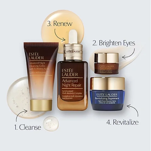Image 3 - The image shows four Estée Lauder skincare products arranged as a routine with numbered labels and product details: 1. Cleanse, represented by a brown tube of Advanced Night Cleansing Gelée with 15 Amino Acids Gelée nettoyante; 2. Brighten Eyes, represented by a small brown jar of Advanced Night Repair Eye Supercharged Gel-Crème Synchronized Multi-Recovery Gel-crème contour des yeux multi-réparation synchronisée; 3. Renew, represented by a brown dropper bottle of Advanced Night Repair Synchronized Multi-Recovery Complex Complexe multi-réparation synchronisée; and 4. Revitalize, represented by a blue jar of Revitalizing Supreme+ Night Power Bounce Creme Crème de nuit repulpante.