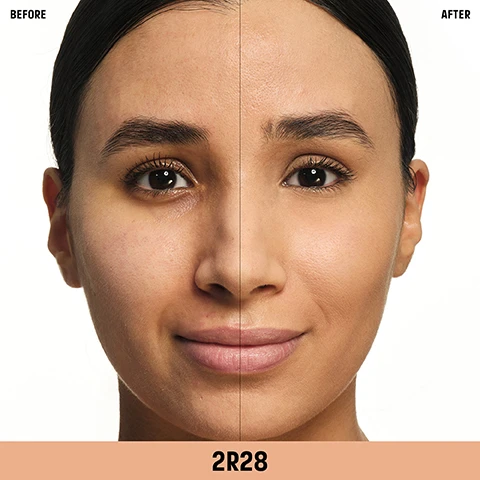 Image 1 - A womans face is shown split vertically, with the left side displaying her skin before makeup and the right side showing her skin with an even, smooth complexion after makeup, along with the text BEFORE in the top left, AFTER in the top right, and 2R28 over a skin tone swatch at the bottom. Image 2 - A woman with light beige makeup applied in lines and shapes to her forehead, under her eyes, nose, cheekbones, and chin holds a makeup wand to her cheek, with text that reads Multi-Use — For Face & Eyes, Brighten, Unify. Image 3 - A multi-use makeup applicator is shown dipping into an open bottle of foundation, with three other bottles of MAKE UP FOR EVER HD SKIN FULL COVER foundation in various shades and popcorn around them, accompanied by the text MULTI-USE APPLICATOR, STEP 1 SWIPE, STEP 2 BLEND, MAKE UP FOR EVER PROFESSIONAL PARIS, HD SKIN FULL COVER, and ANTI-CERNE MULTI-USAGE COUVRANCE TOTALE 24H MULTI-USE CONCEALER. Image 4 - Two bottles of Make Up For Ever HD Skin products are on a white background, one on the left and one on the right, framing a central chart for shade matching. The chart is titled FIND YOUR MATCH and includes the vertical text EQUAL TO, displaying shade conversions as follows: 2N22, 2Y20 equals 2Y20; 2N22, 2N20 equals 2N22; 2R24, 2N22 equals 2R24; 2N26, 2N22 equals 2N26; 2R28, 2R24 equals 2R28; 2Y30, 2N26 equals 2Y30; 2Y30 equals 2Y32; 2N34, 2N35 equals 2N34; 2Y36, 2N34 equals 2Y36; 2N34 equals 2R38.