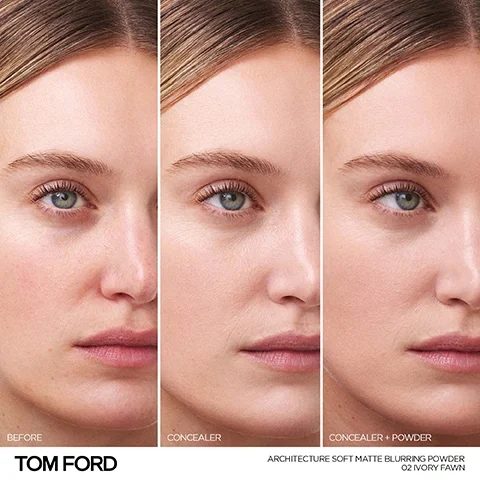 Image 3 - A three-panel image displays a womans face from the forehead to the chin, illustrating a before and after makeup comparison with her natural skin, then with concealer, and finally with concealer and powder; visible text includes BEFORE, CONCEALER, CONCEALER + POWDER, TOM FORD, ARCHITECTURE SOFT MATTE BLURRING POWDER 02 IVORY FAWN.