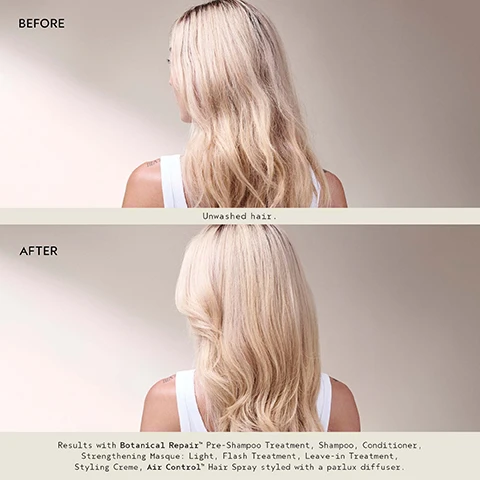 Image 3 - A before and after image displays a persons light blonde hair from the back, with the top section showing frizzy hair and dark roots labeled BEFORE Unwashed hair, and the bottom section showing smooth, styled hair labeled AFTER, followed by the product description Results with Botanical Repair Pre-Shampoo Treatment, Shampoo, Conditioner, Strengthening Masque: Light, Flash Treatment, Leave-in Treatment, Styling Creme, Air Control Hair Spray styled with a parlux diffuser. Image 4 - A teal Aveda Botanical Repair treatment tube lies on its side, spilling white product, with more product pouring from above, all against a white background with radiating black lines resembling a clock face, featuring the text botanical repair™, help reverse visible damage in 2 mins, AVEDA THE ART AND SCIENCE OF PURE FLOWER AND PLANT ESSENCES, botanical repair™, intensive strengthening masque deeply repairs from the inside out masque réparateur intense répare en profondeur, light/léger, 5 fl oz/oz liq/150 ml e. Image 6 - Blurred pink flowers and green leaves on a dark background feature a white outline of a sphere containing the text PURE FLOWER & PLANT AROMA, YLANG-YLANG, ROSE, and MARJORAM. Image 7 - A green Aveda Botanical Repair leave-in treatment tube is shown standing on a textured block, alongside a visual comparison demonstrating magnified hair cuticle before and after using the product, with visible text reading: AVEDA THE ART AND SCIENCE OF PURE FLOWER AND PLANT ESSENCES botanical repair™ strengthening leave-in treatment plant-powered damage repair traitement réparateur sans rinçage réparation à base de plantes botanical repair™ leave in treatment See the effect of instant repair Before Lifted & damaged hair cuticle.* After** Repaired & softer hair after 1 use. Magnification up to 1500x. *Representative of physical damage from repeating brushing. **Microscopic image of same hair after 1 use of botanical repair™ strengthening leave-in treatment. Image 9 - A close-up of a womans side profile with flowing blonde hair, featuring the text Strengthen hair while styling & smooth frizz up to 7X. Ex-vivo testing on frizz-prone tresses. Image 10 - A hand combs a white product through wet, brown hair with text overlay that reads Strengthen in style. Protects from heat, repairs damage, reduces frizz and adds hold.