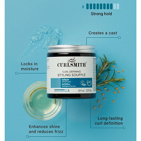 Image 1 - A black jar of Curlsmith Curl Defining Styling Soufflé with a silver lid is centered on a blue background, surrounded by a smear of light blue gel, a bowl of golden liquid, a sprig of rosemary, and scattered seeds, with visible text reading: CURLSMITH CURL DEFINING STYLING SOUFFLÉ Styling Gel All Curl Types Gel Coiffant Tout Type De Boucles 8 Vegan Cruelty Free 24 HRS MOISTURE FOR ALL CURLS 8 fl oz 237 mL Strong hold Creates a cast Locks in moisture Enhances shine and reduces frizz Long-lasting curl definition. Image 2 - A woman with curly brown and blonde highlighted hair smiles with her eyes closed, with text reading BOUNCY CURLS Provides moisture, shine and flexible definition. Image 3 - A hand scoops clear, textured gel from a black Curlsmith jar, against a blue background, with the text MULTI-AWARD-WINNING CUSTARD GEL. Image 4 - The image displays a side-by-side comparison of two Curlsmith Curl Defining Styling Soufflé jars, an old packaging on the left with an orange label and a new packaging on the right with a blue label, separated by a teal arrow, with a teal circular label above the new jar; the old jar label reads CURLSMITH MOISTURE RECIPE / RECETTE HYDRATANTE CURL DEFINING STYLING SOUFFLÉ Styling Gel Gel Coiffant All Curl Types Tout Type De Boucles 8 fl oz / 237 mL Bouncy Hold / Souplesse, the new jar label reads CURLSMITH CURL DEFINING STYLING SOUFFLÉ Styling Gel All Curl Types Gel Coiffant Tout Type De Boucles Vegan 8 fl oz 237 mL Bouncy Hold, and the circular label reads SAME GREAT NEW LOOK PRODUCT.