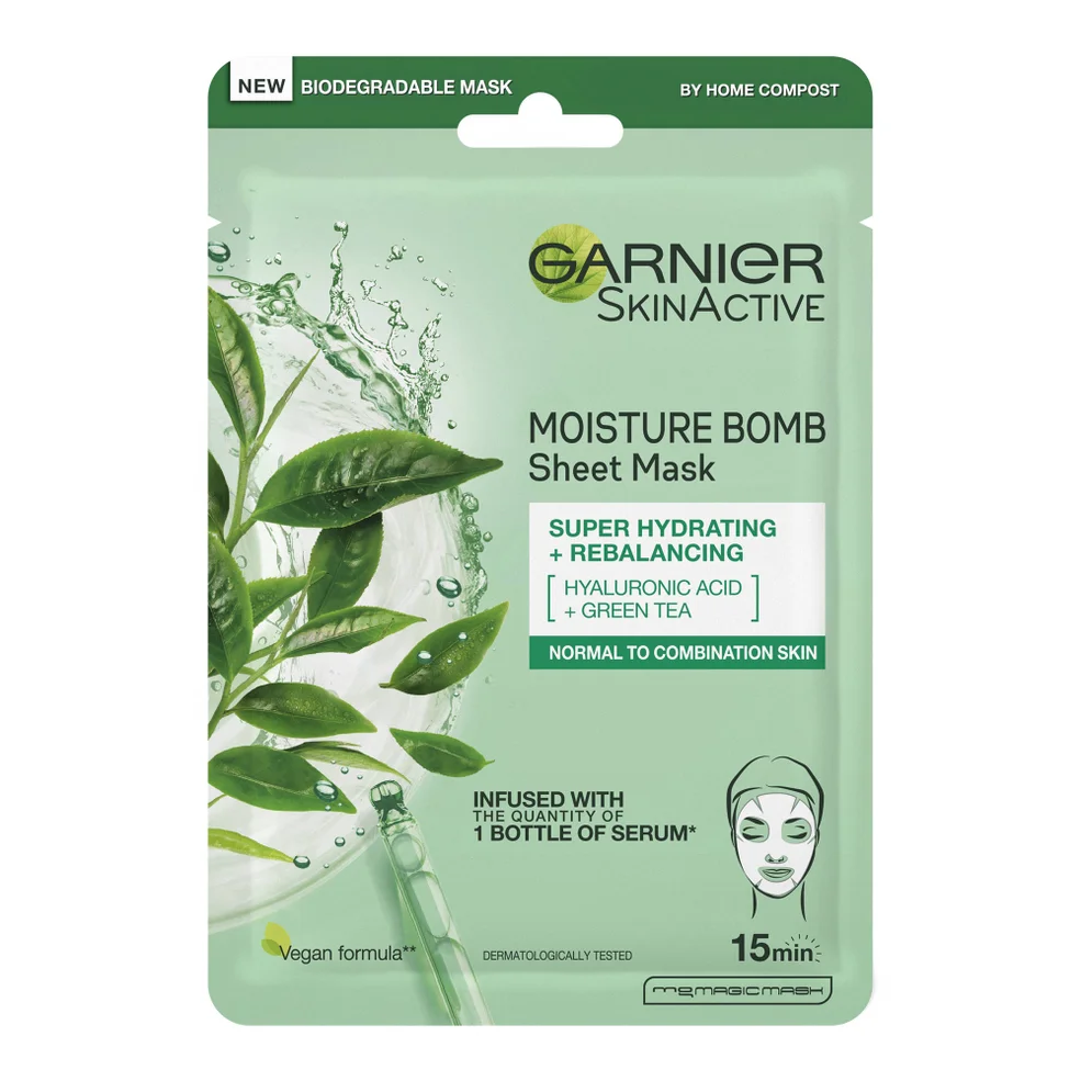 Garnier Moisture Bomb Green Tea Hydrating Face Sheet Mask for Combination Skin 32g Imagen 1