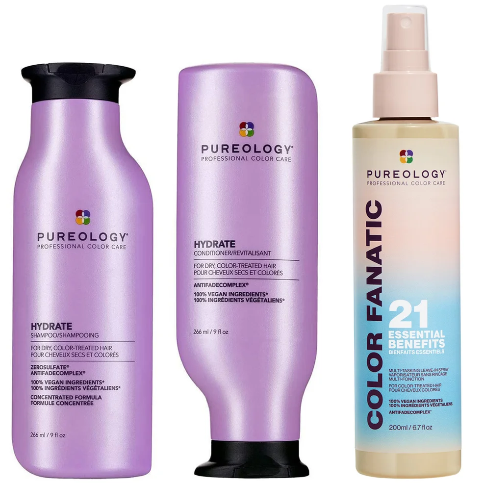 Pureology Hydrate Shampoo, Conditioner and Color Fanatic Multi-Benefit Leave-in, Moisturising Bundle for Dry Hair Imagen 1