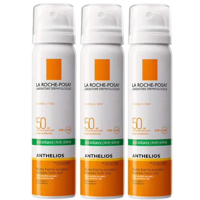 Trío de brumas faciales de protección solar Anthelios Anti-Shine Invisible con FPS 50+ de La Roche-Posay 75 ml