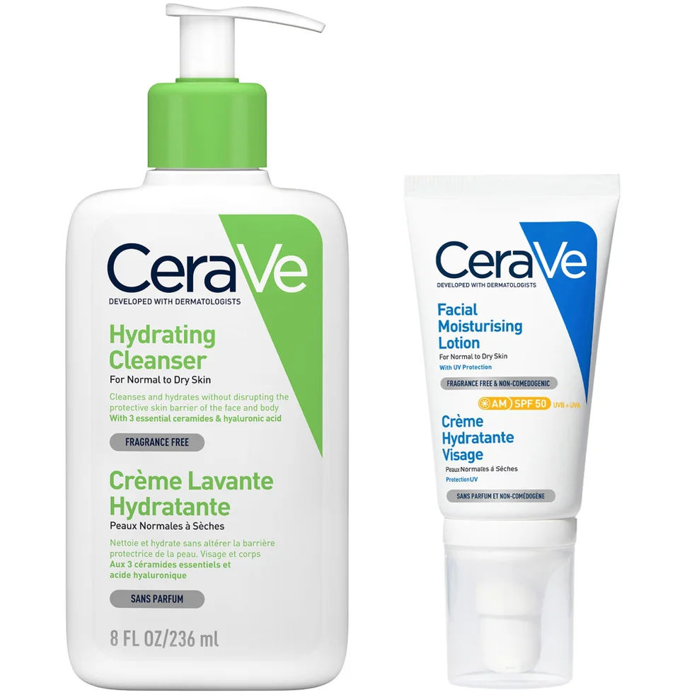 CeraVe Morning Face Routine for Dry Skin, Hydrating Cleanser and Moisturiser with SPF 50 Imagen 1
