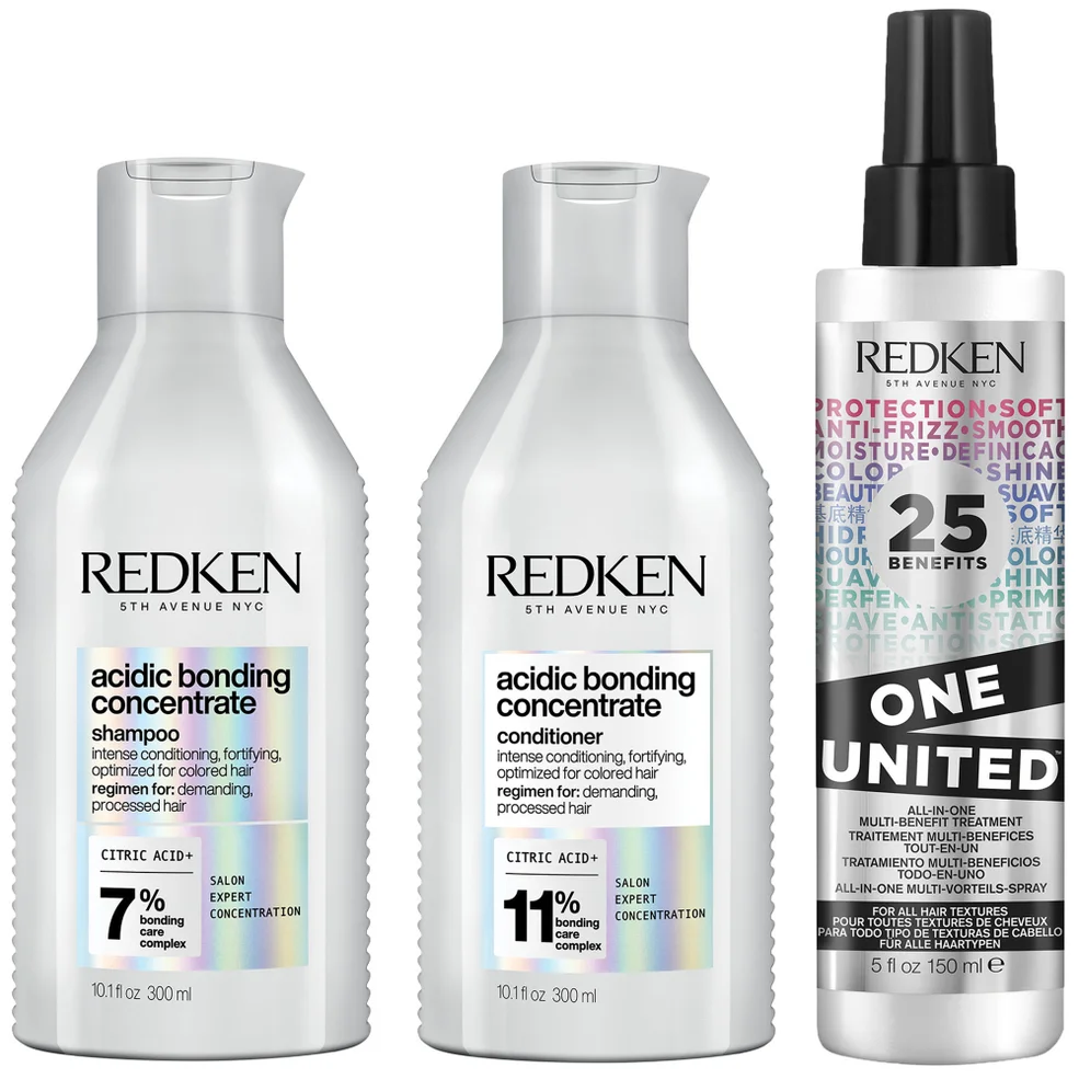 Redken Acidic Bonding Concentrate Shampoo, Conditioner and One United Multi-Benefit Leave-in Treatment Bond Repair Bundle Imagen 1