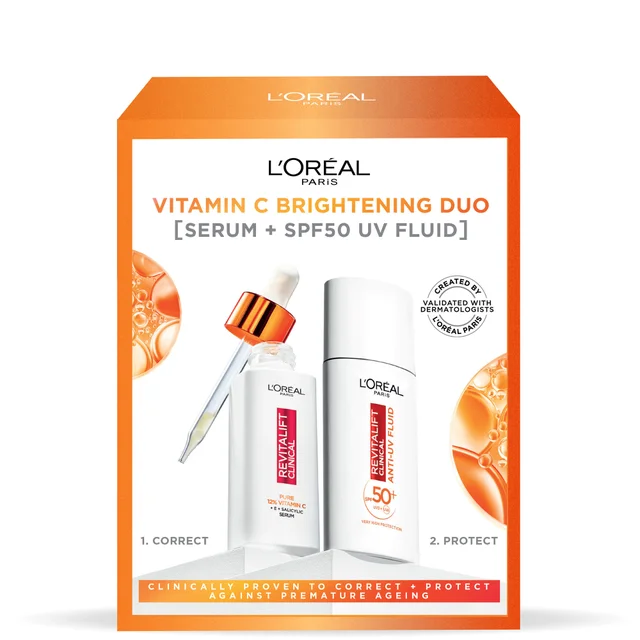 Dúo facial de sérum con vitamina C pura Revitalift y crema fluida invisible con FPS 50+ de L'Oréal Paris