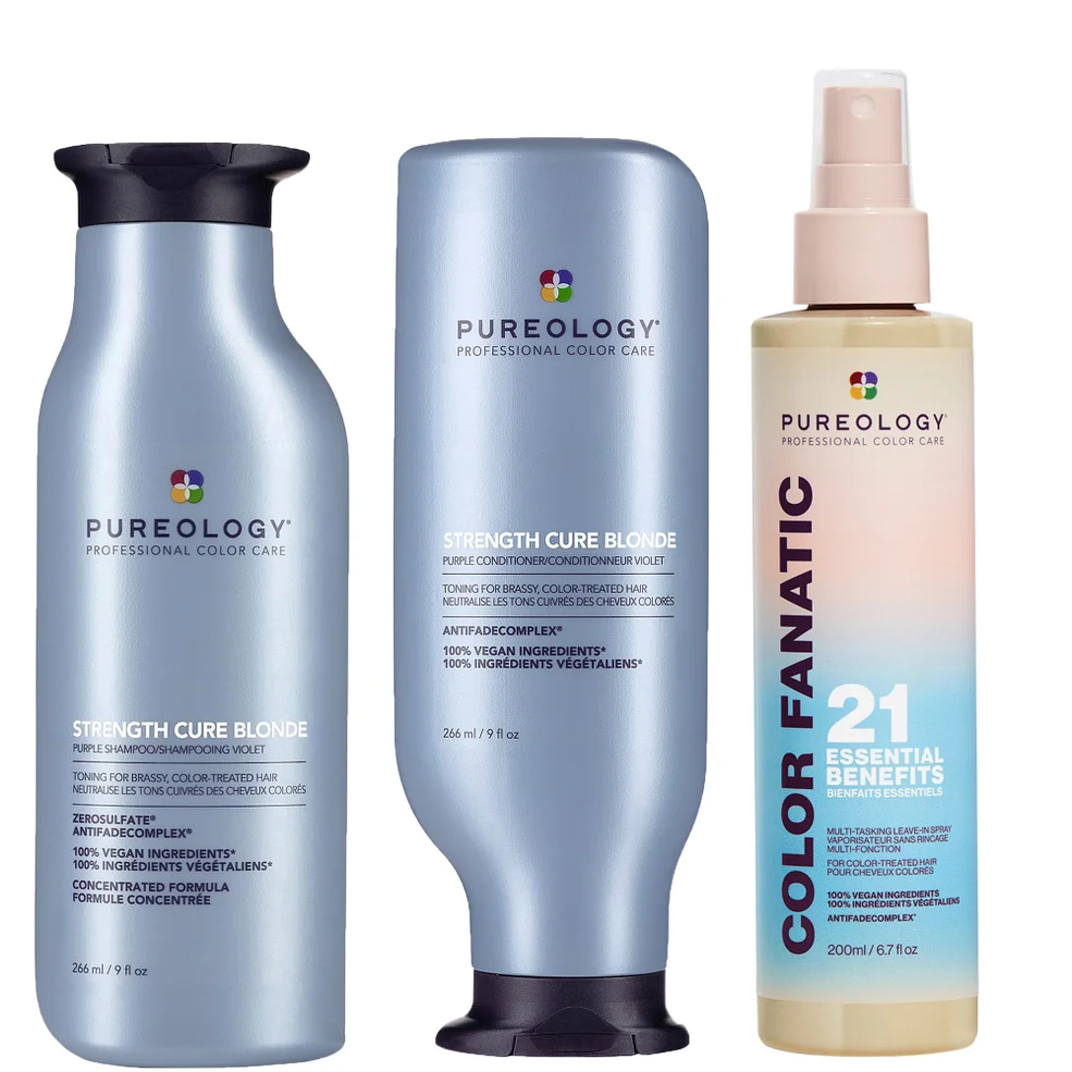 Pureology Strength Cure Blonde Purple Shampoo, Conditioner and Color Fanatic Spray Routine for Toning Brassy Hair Imagen 1
