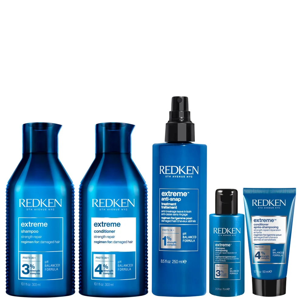 Redken Extreme Shampoo 300ml, Conditioner 300ml, Anti-Snap 250ml and Shampoo and Conditioner Travel Size Bundle for Damaged Hair Imagen 1
