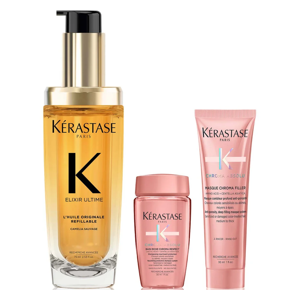 Kérastase Elixir Ultime L'Huile Originale Hair Oil 75ml for all hair types with FREE Mini Deluxe Chroma Absolu Shampoo 30ml and Mask 30ml Duo Imagen 1