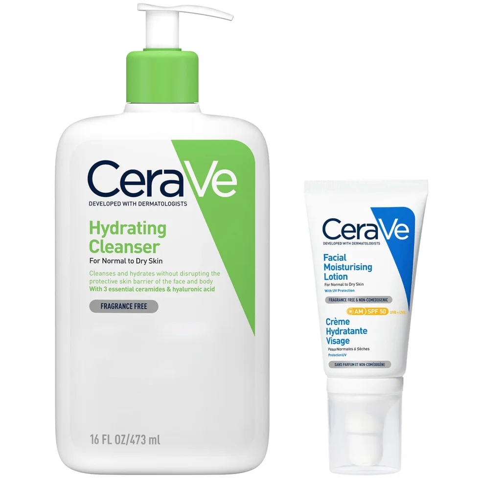 CeraVe Cleanse and Protect Face Routine for Dry Skin, Hydrating Cleanser and Facial Moisturiser with SPF 50 Imagen 1
