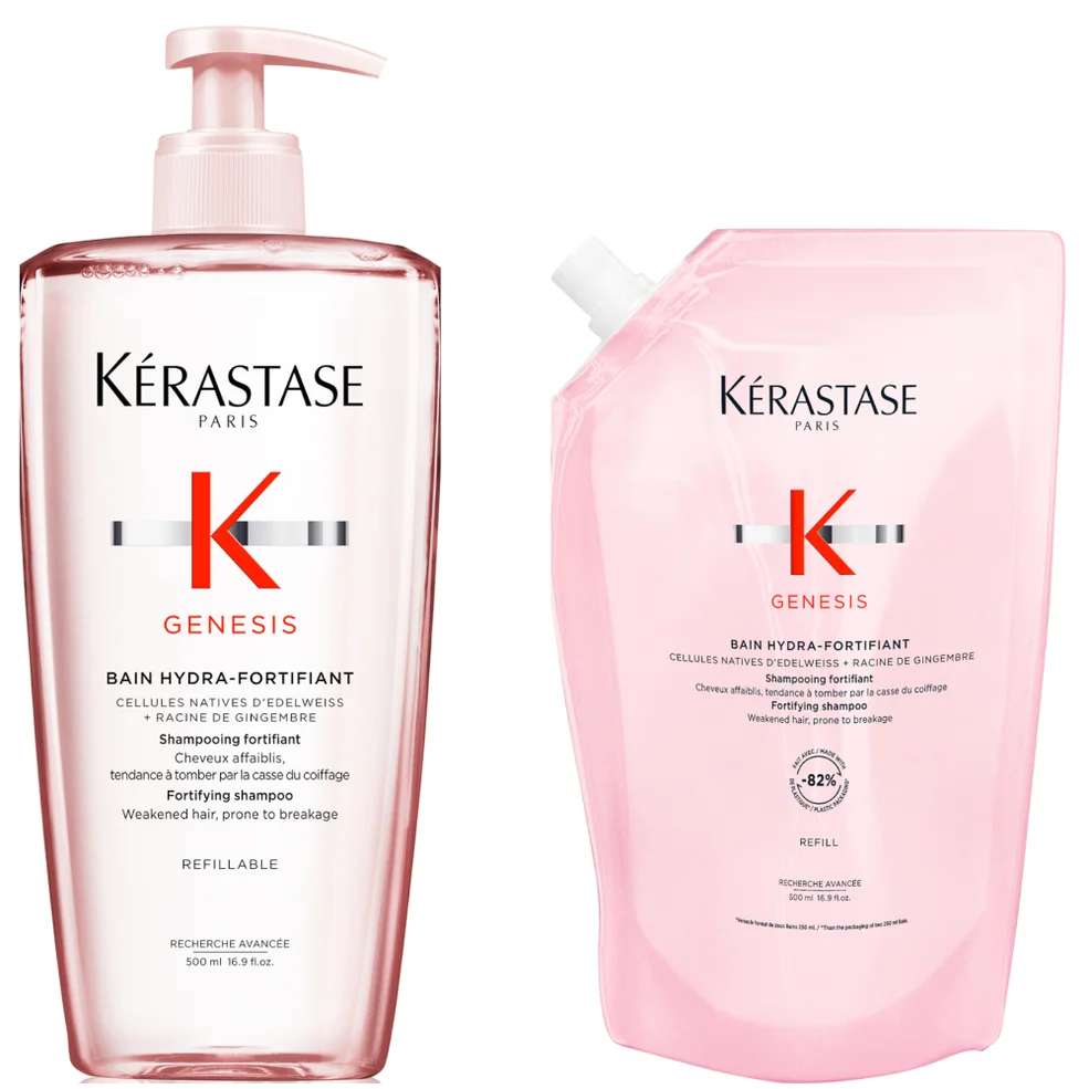 Kérastase Genesis Hydra-Fortifiant Refillable Shampoo And Refill Pouch Duo 500ml For Hair Fall Due To Breakage Imagen 1